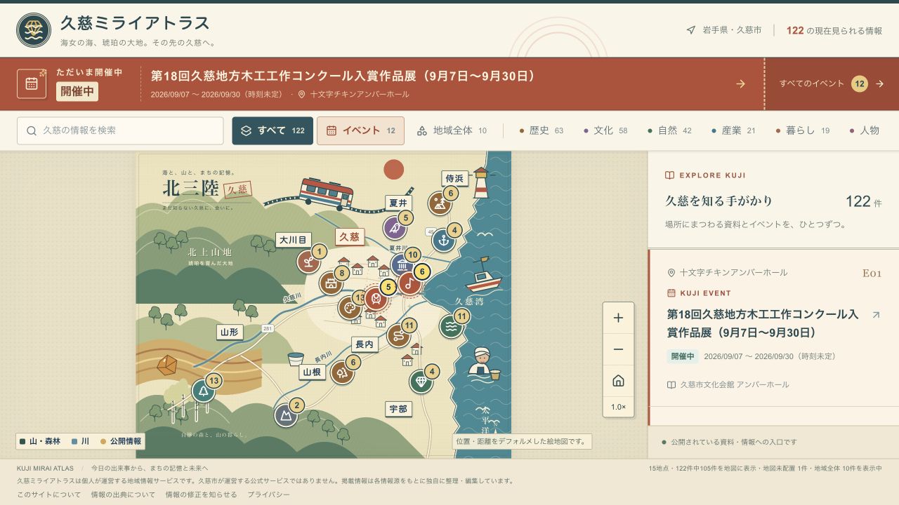 久慈の地域情報一覧と、海・山・まちを描いた久慈ミライアトラスの地図画面