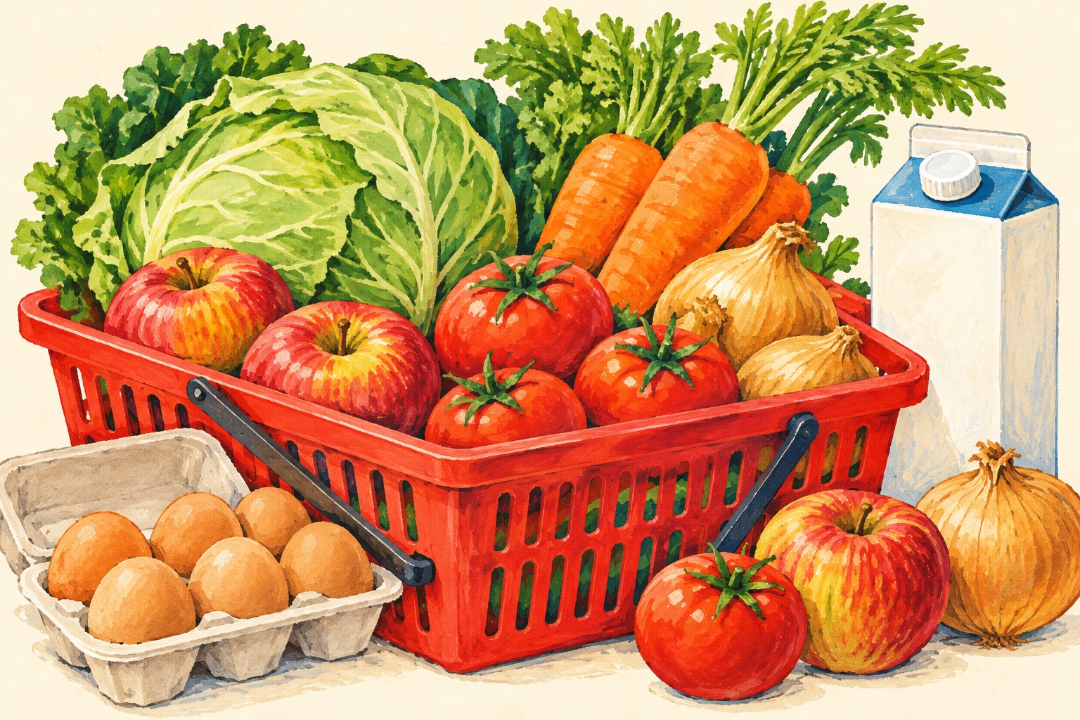 野菜や果物が入った買い物かごと、牛乳・卵のイラスト